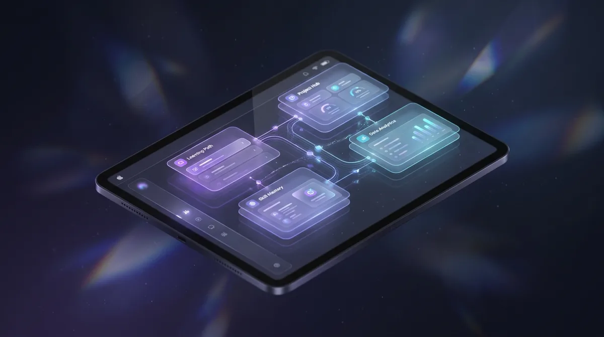 A tablet showcases a futuristic user interface with data visualizations, demonstrating app development and UI design.
