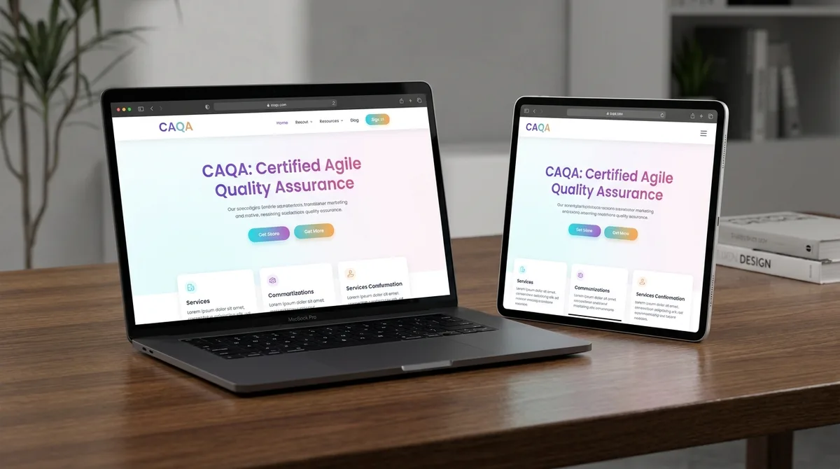 A laptop and tablet display a responsive website for CAQA certification, showcasing web development.